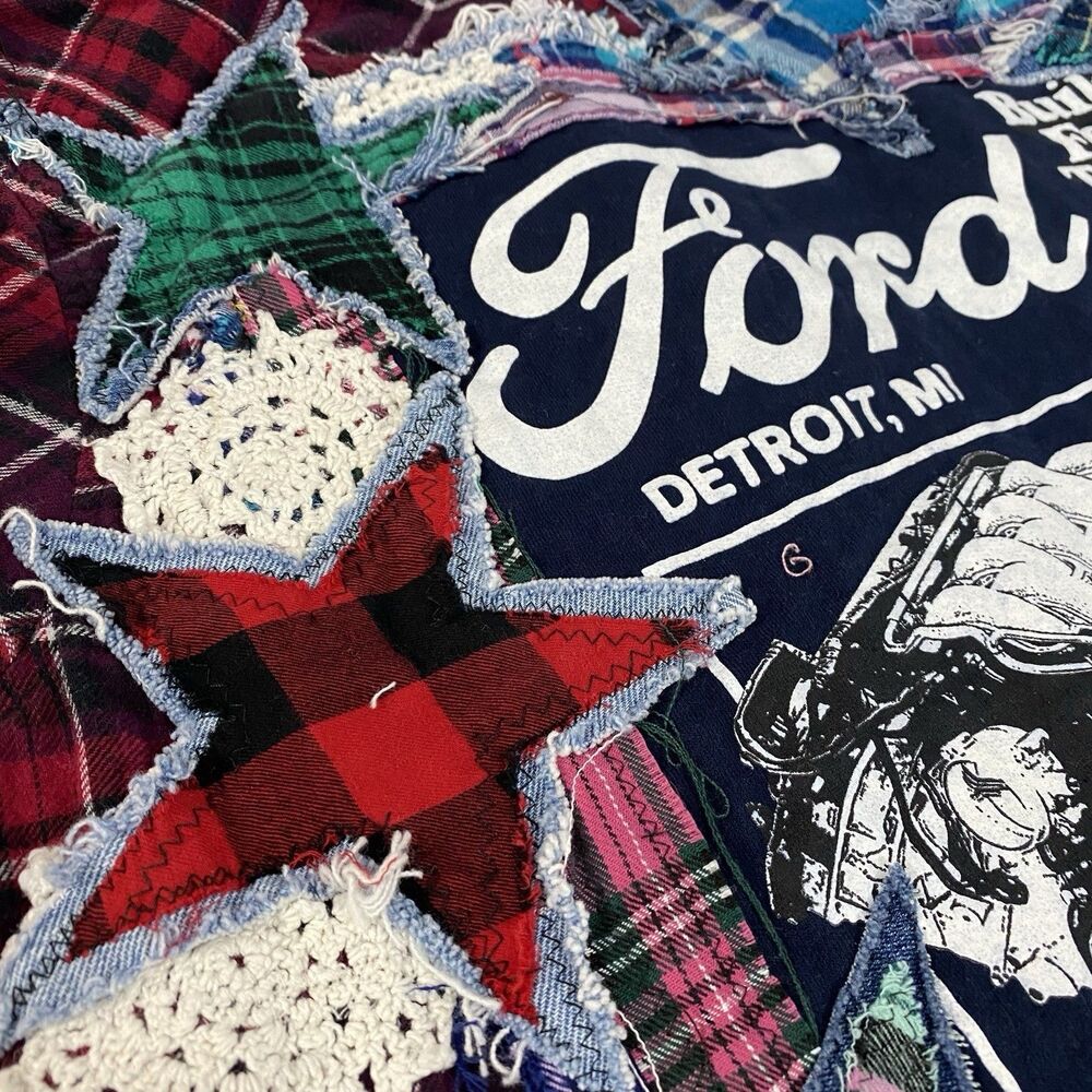 Upcycled Flannel Shirt Shacket Womens 1X Mechanic Grunge Patchwork Folk Art - Picture 8 of 16